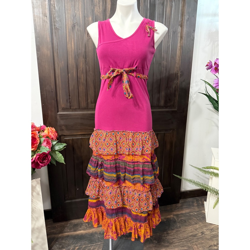 Celine Magenta Pink Tiered Boho Maxi Dress Mixed Print Ruffle Sleeveless Medium